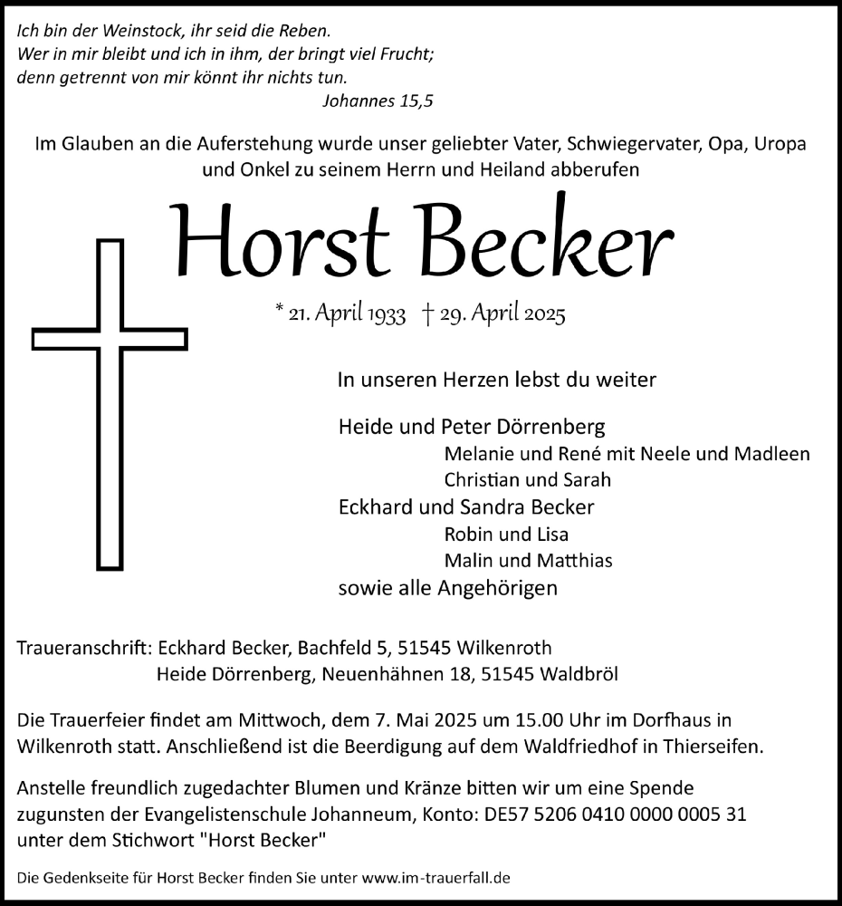  Traueranzeige für Horst Becker vom 02.05.2025 aus  Lokalanzeiger 