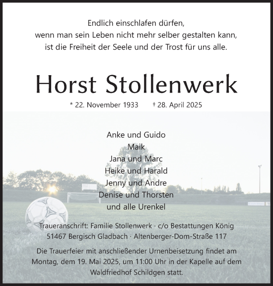Anzeige von Horst Stollenwerk von Kölner Stadt-Anzeiger / Kölnische Rundschau / Express