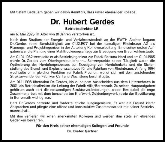 Anzeige von Hubert Gerdes von Kölner Stadt-Anzeiger / Kölnische Rundschau / Express