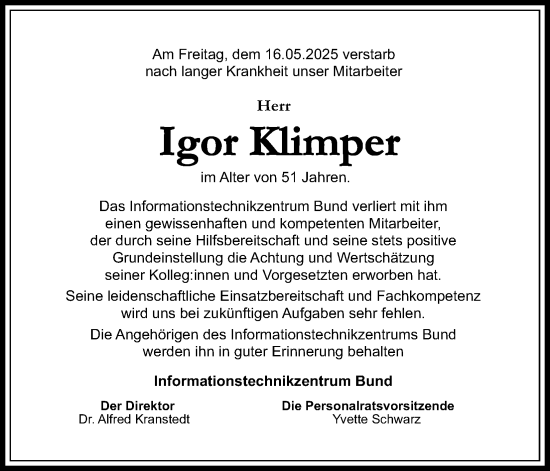 Anzeige von Igor Klimper von Kölner Stadt-Anzeiger / Kölnische Rundschau / Express