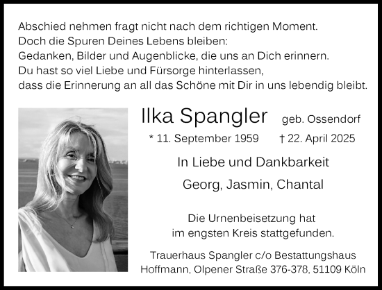 Anzeige von Ilka Spangler von Kölner Stadt-Anzeiger / Kölnische Rundschau / Express