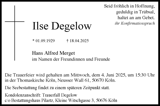 Anzeige von Ilse Degelow von Kölner Stadt-Anzeiger / Kölnische Rundschau / Express