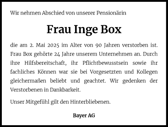 Anzeige von Inge Box von Kölner Stadt-Anzeiger / Kölnische Rundschau / Express