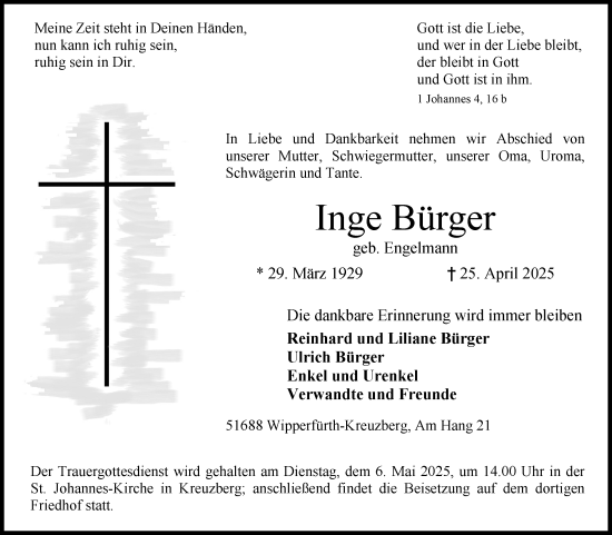 Anzeige von Inge Bürger von Kölner Stadt-Anzeiger / Kölnische Rundschau / Express