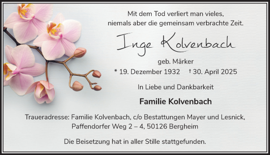 Anzeige von Inge Kolvenbach von  Werbepost 