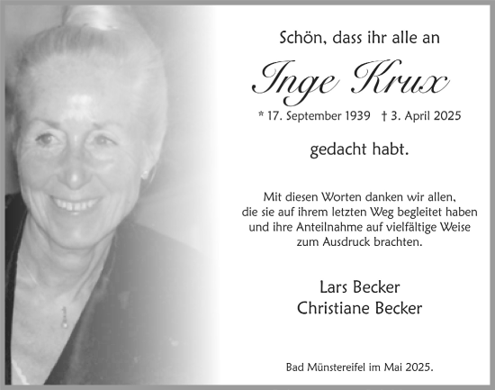 Anzeige von Inge Krux von  Blickpunkt Euskirchen 