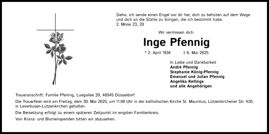 Anzeige von Inge Pfennig von Kölner Stadt-Anzeiger / Kölnische Rundschau / Express