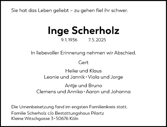 Anzeige von Inge Scherholz von Kölner Stadt-Anzeiger / Kölnische Rundschau / Express