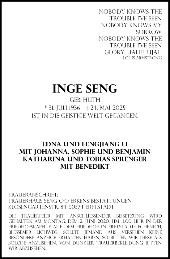Anzeige von Inge Seng von Kölner Stadt-Anzeiger / Kölnische Rundschau / Express