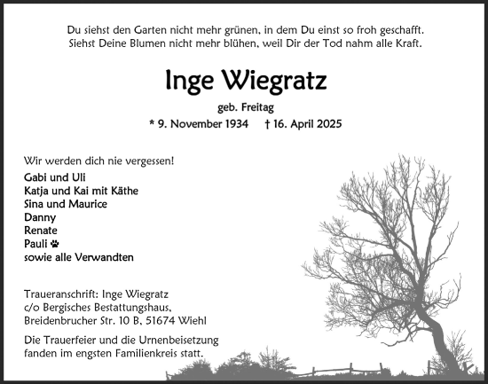 Anzeige von Inge Wiegratz von  Anzeigen Echo 