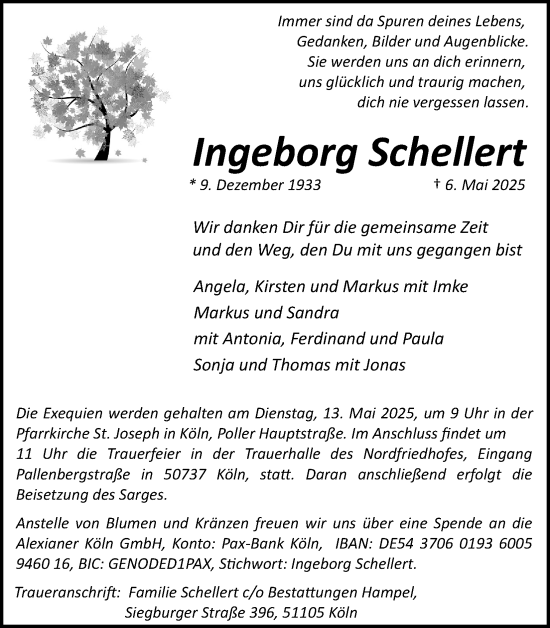 Anzeige von Ingeborg Schellert von Kölner Stadt-Anzeiger / Kölnische Rundschau / Express