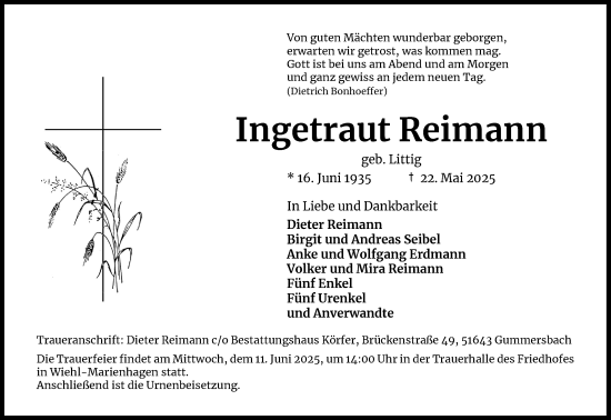 Anzeige von Ingetraut Reimann von Kölner Stadt-Anzeiger / Kölnische Rundschau / Express
