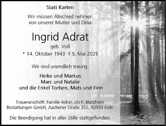 Anzeige von Ingrid Adrat von Kölner Stadt-Anzeiger / Kölnische Rundschau / Express