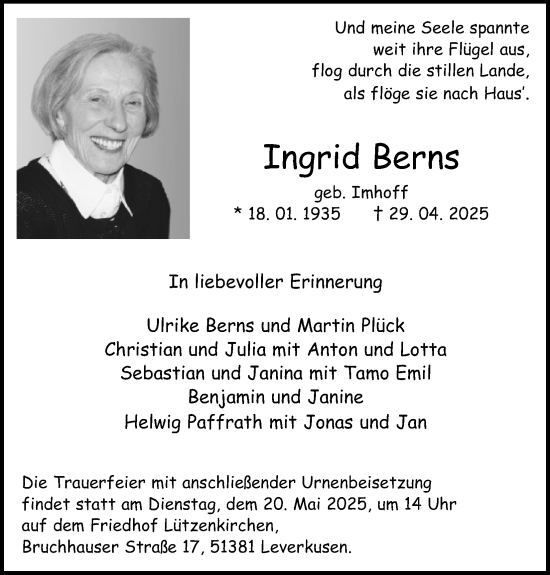 Anzeige von Ingrid Berns von Kölner Stadt-Anzeiger / Kölnische Rundschau / Express