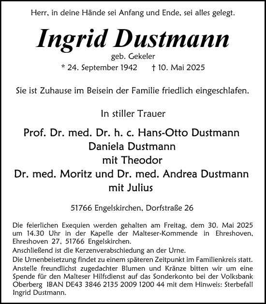 Anzeige von Ingrid Dustmann von Kölner Stadt-Anzeiger / Kölnische Rundschau / Express