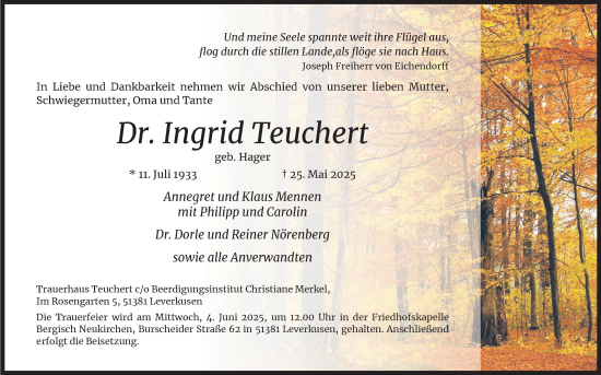 Anzeige von Ingrid Teuchert von Kölner Stadt-Anzeiger / Kölnische Rundschau / Express