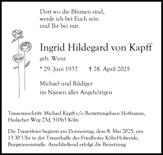 Anzeige von Ingrid Hildegard von Kapff von Kölner Stadt-Anzeiger / Kölnische Rundschau / Express