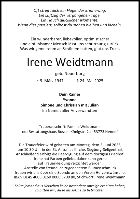 Anzeige von Irene Weidtmann von Kölner Stadt-Anzeiger / Kölnische Rundschau / Express
