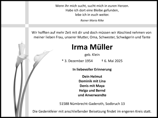 Anzeige von Irma Müller von Kölner Stadt-Anzeiger / Kölnische Rundschau / Express