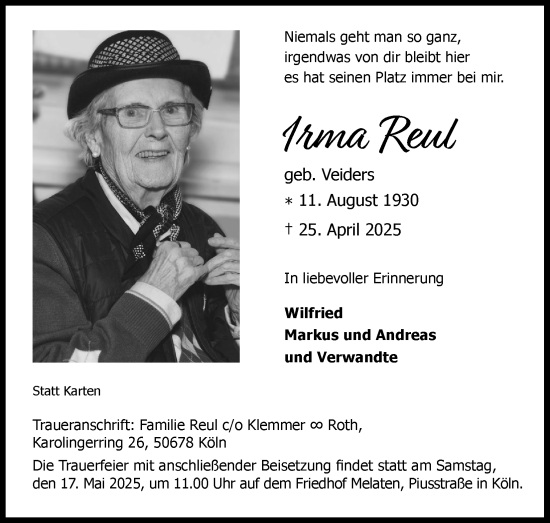 Anzeige von Irma Reul von Kölner Stadt-Anzeiger / Kölnische Rundschau / Express