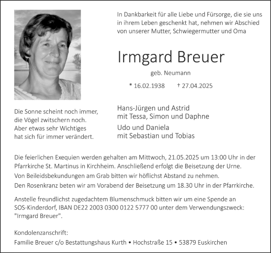 Anzeige von Irmgard Breuer von  Blickpunkt Euskirchen 