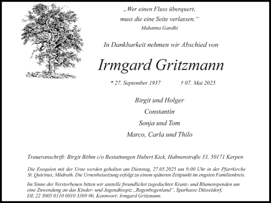 Anzeige von Irmgard Gritzmann von Kölner Stadt-Anzeiger / Kölnische Rundschau / Express