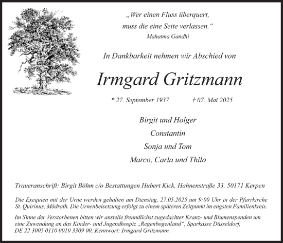 Anzeige von Irmgard Gritzmann von  Werbepost 