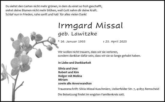 Anzeige von Irmgard Missal von Kölner Stadt-Anzeiger / Kölnische Rundschau / Express
