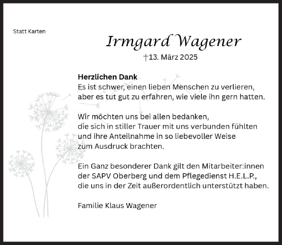 Anzeige von Irmgard Wagener von  Lokalanzeiger 