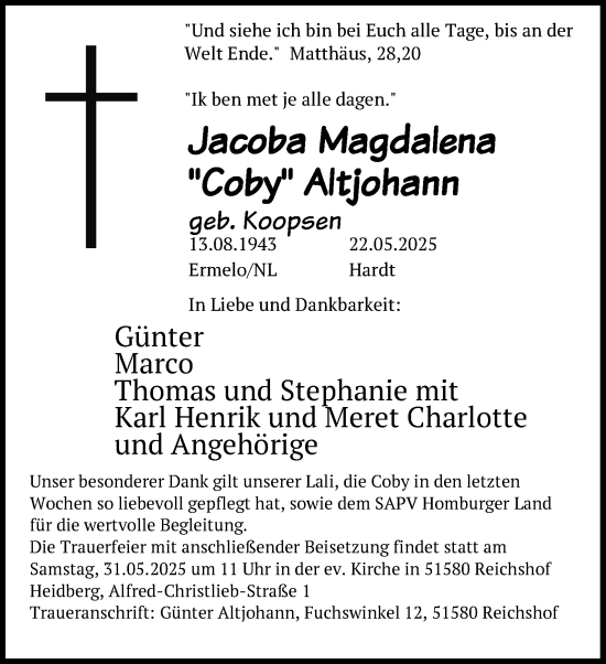 Anzeige von Jacoba Magdalena Altjohann von Kölner Stadt-Anzeiger / Kölnische Rundschau / Express