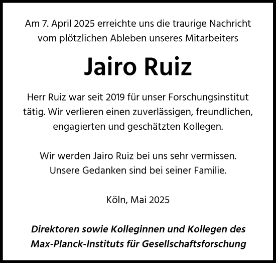 Anzeige von Jairo Ruiz von Kölner Stadt-Anzeiger / Kölnische Rundschau / Express