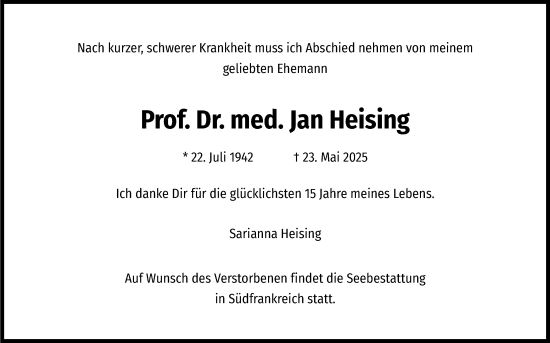 Anzeige von Jan Heising von Kölner Stadt-Anzeiger / Kölnische Rundschau / Express