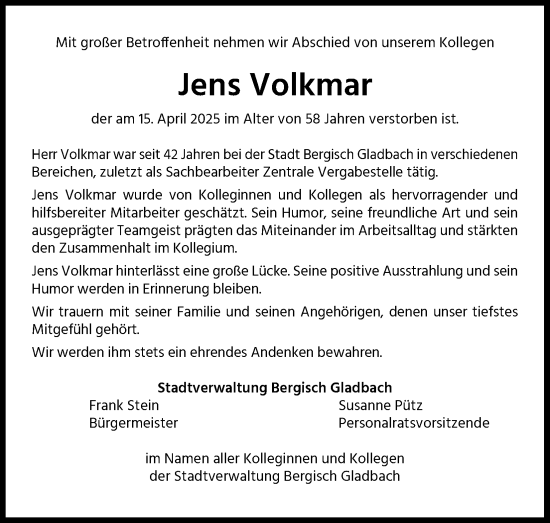 Anzeige von Jens Volkmar von Kölner Stadt-Anzeiger / Kölnische Rundschau / Express