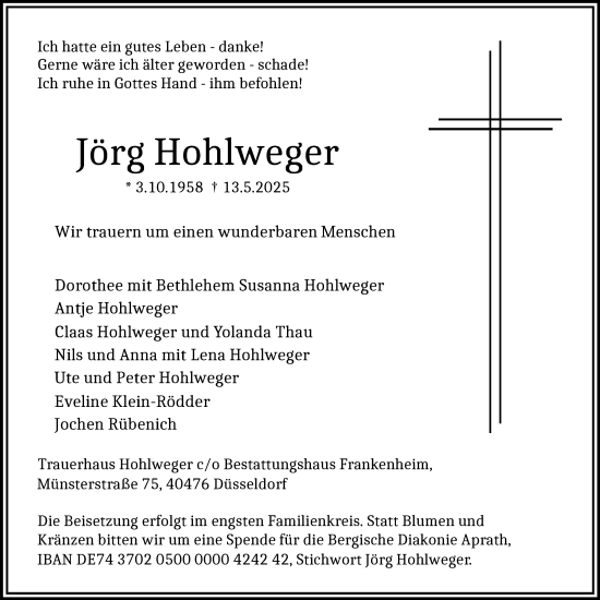 Anzeige von Jörg Hohlweger von Kölner Stadt-Anzeiger / Kölnische Rundschau / Express