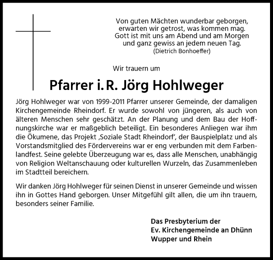 Anzeige von Jörg Hohlweger von Kölner Stadt-Anzeiger / Kölnische Rundschau / Express