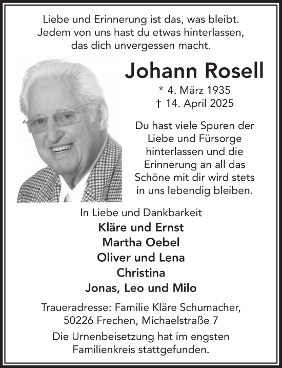 Anzeige von Johann Rosell von  Wochenende 