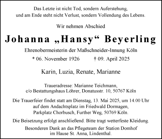 Anzeige von Johanna Beyerling von Kölner Stadt-Anzeiger / Kölnische Rundschau / Express