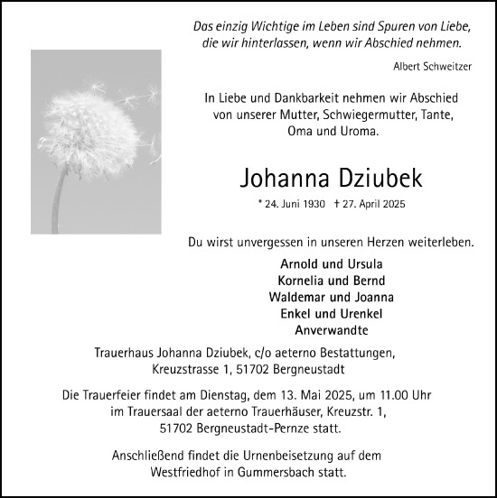 Anzeige von Johanna Dziubek von  Anzeigen Echo 
