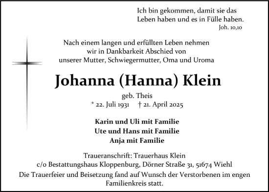 Anzeige von Johanna Klein von  Anzeigen Echo 