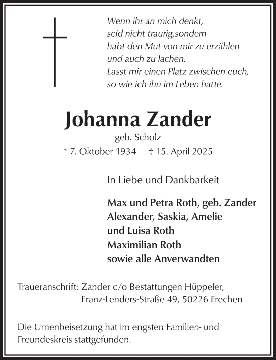 Anzeige von Johanna Zander von  Wochenende 