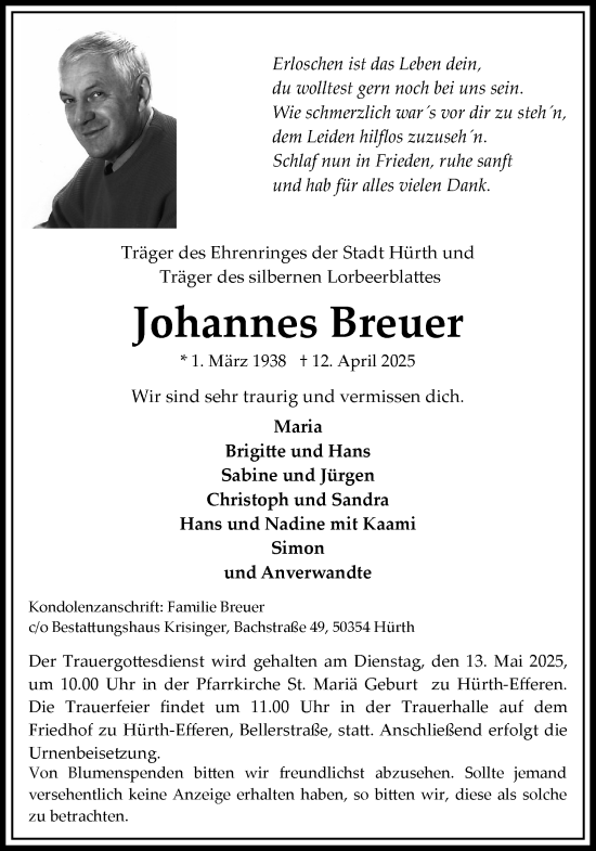 Anzeige von Johannes Breuer von Kölner Stadt-Anzeiger / Kölnische Rundschau / Express
