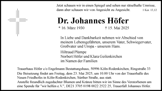 Anzeige von Johannes Höfer von Kölner Stadt-Anzeiger / Kölnische Rundschau / Express