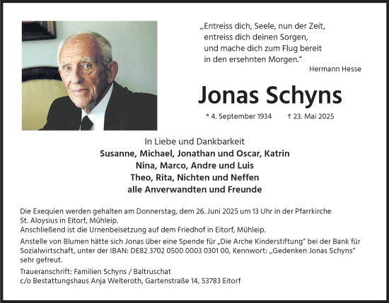 Anzeige von Jonas Schyns von Kölner Stadt-Anzeiger / Kölnische Rundschau / Express