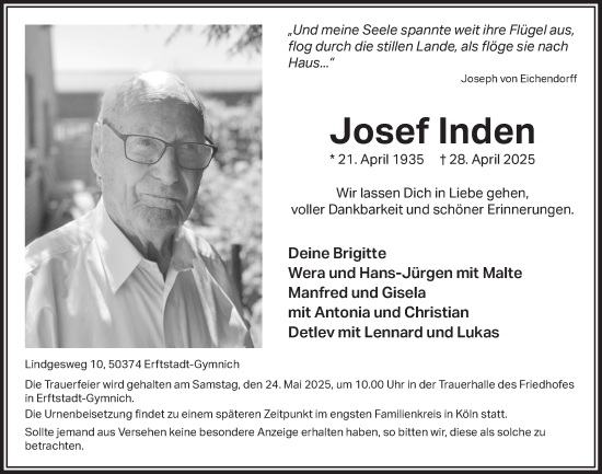 Anzeige von Josef Inden von  Werbepost 