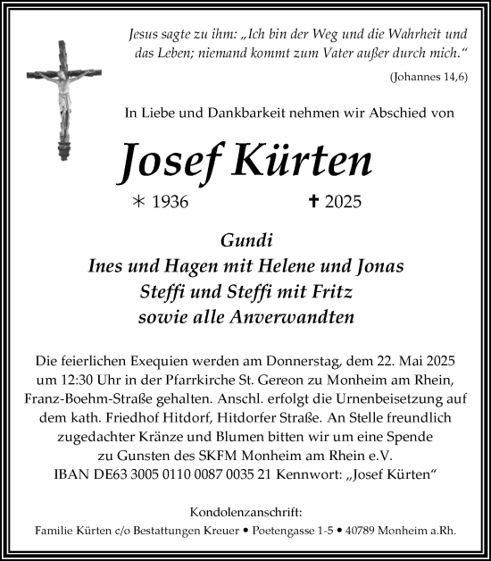 Anzeige von Josef Kürten von Kölner Stadt-Anzeiger / Kölnische Rundschau / Express