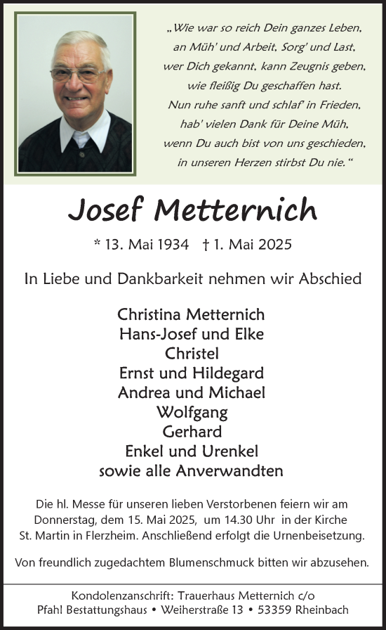 Anzeige von Josef Metternich von  Schaufenster/Blickpunkt 