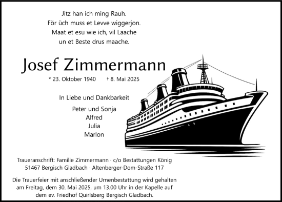 Anzeige von Josef Zimmermann von  Bergisches Handelsblatt 