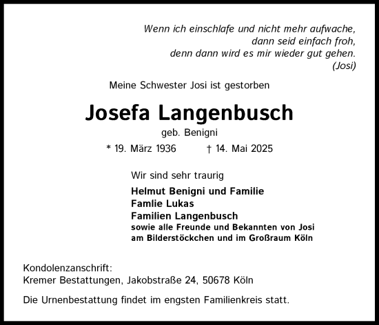 Anzeige von Josefa Langenbusch von Kölner Stadt-Anzeiger / Kölnische Rundschau / Express