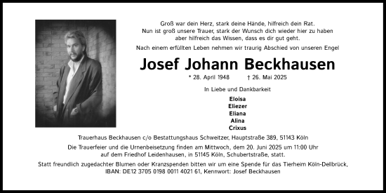 Anzeige von Josef Johann Beckhausen von Kölner Stadt-Anzeiger / Kölnische Rundschau / Express