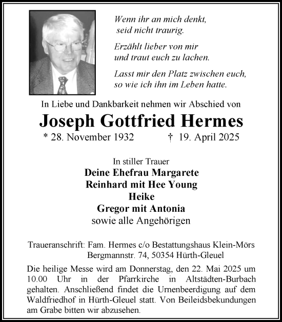 Anzeige von Joseph Gottfried Hermes von Kölner Stadt-Anzeiger / Kölnische Rundschau / Express